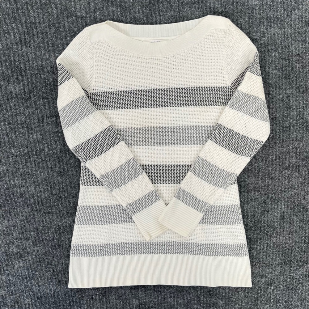 Market & Spruce Womens XS White Gray Striped Boat Neck Long Sleeve Knit Sweater